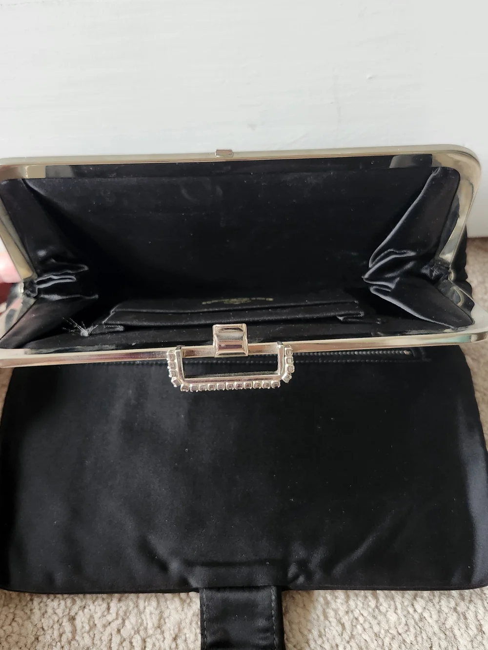 Vintage Black Satin Clutch with Crystal Bar